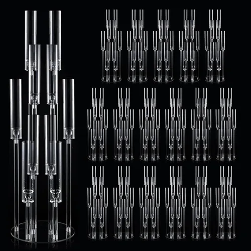Vista 15 de Portavelas transparentes de 8 brazos para decoración de boda, candelabro alto de acrílico con pantalla para eventos del día de San Valentín, fiesta