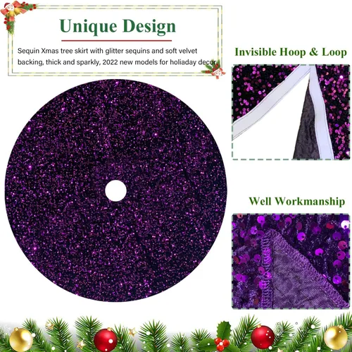 Vista 2 de Faldas de árbol moradas de Navidad de 21 pulgadas, faldas de árbol de lentejuelas con purpurina, decoración de tela de terciopelo, falda de árbol