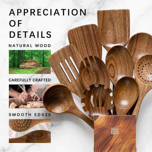 Vista 4 de cucharas de madera para cocinar, juego de utensilios de cocina antiadherentes con 10 piezas de espátulas y cucharas de madera de acacia