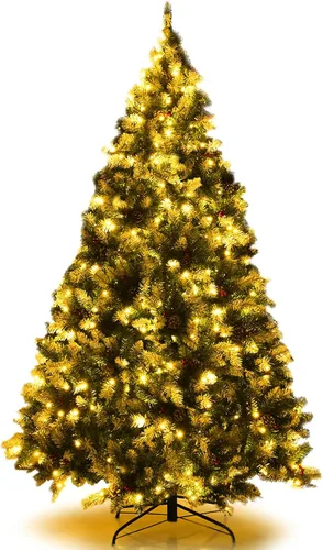 Vista 8 de Goplus - Árbol de Navidad artificial preiluminado de 1.8 m con bisagras, cubierto de nieve, con piñas, bayas rojas y 250 luces LED, 8 modos