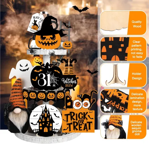 Vista 4 de Geetery Juego de 18 piezas de decoraciones de bandeja escalonada de Halloween, decoración de mesa de Halloween, gnomo de felpa, calabaza, fantasma