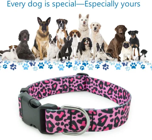 Vista 2 de Bonito collar de perro para una perra, resistente y duradero con diseño de leopardo rosa, collares de perro para perros grandes, collar de poliéster