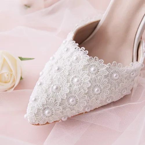 Vista 5 de Sandalias de tacón alto para mujer, con punta cerrada, con encaje floral, correa de perlas de aguja, zapatos de novia, boda, fiesta, 3.74 pulgadas