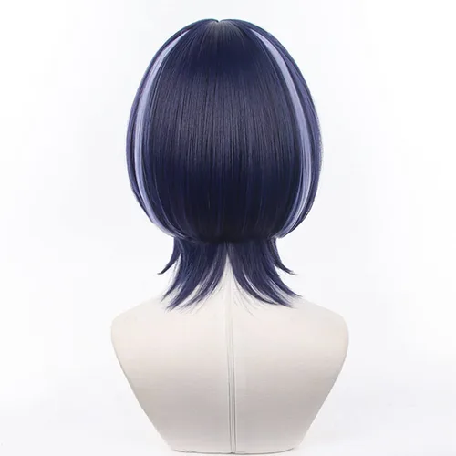 Vista 4 de XiongXiongLe Peluca de cosplay de Scaramouche azul para hombre, pelucas de repuesto de pelo corto y lacio + gorra para niños, juego Genshin Impact