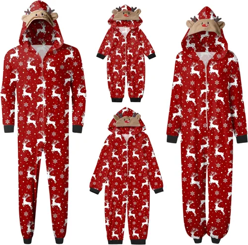 Vista 2 de Pijamas de Navidad 2023 para parejas, conjunto familiar a juego para parejas, mono con capucha, manga larga, pijamas de Navidad para las fiestas