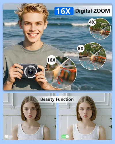 Vista 4 de Cámara Digital, FHD 1080P Cámara para Niños Digital con Zoom 16x Anti Vibración, Tarjeta de 32GB, 4K 48MP Cámaras Compactas Portátiles de Apuntar