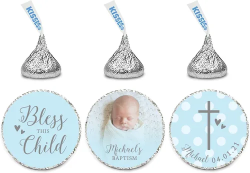 Vista 26 de Andaz Press Colección de bautismo de niño azul y gris, banderín colgante personalizado con cuerda, agradecimiento por celebrar el bautismo