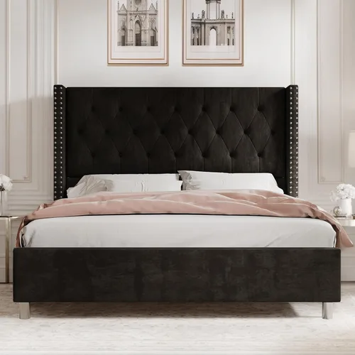 Vista 9 de PaPaJet Marco de cama de terciopelo King con cabecera de ala de 49.2 Negro