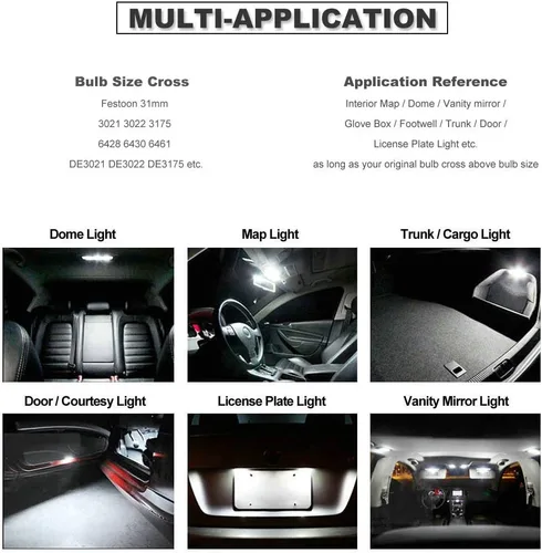 Vista 4 de 31MM Festoon DE3175 3175 6428 6000K Bombillas LED extra brillantes blancas para luces interiores de coche, placa, mapa, domo, maletero, puerta, luz