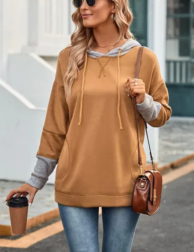 Vista 4 de SEBOWEL Sudaderas con capucha para mujer, de punto gofre, con cordón, con cordón, casual, manga larga, con bolsillo
