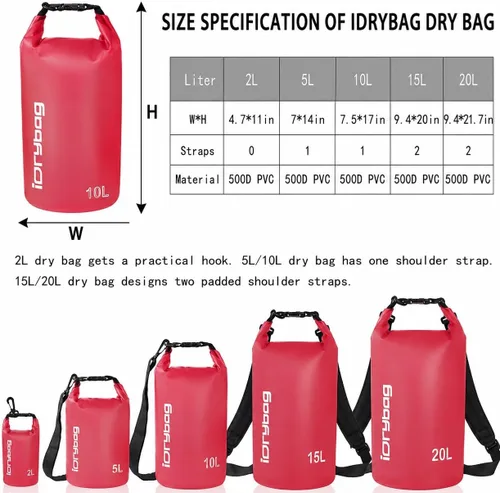 Vista 3 de IDRYBAG Bolsa seca transparente impermeable 2L/5L/10L/15L/20L, pequeña bolsa impermeable para kayak