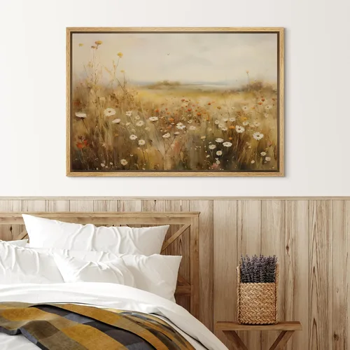 Vista 2 de SIGNLEADER Impresión en Lienzo Enmarcado Arte de Pared Prado Cálido de Verano con Flores Silvestres Ilustraciones Florales Vibrantes Arte Moderno