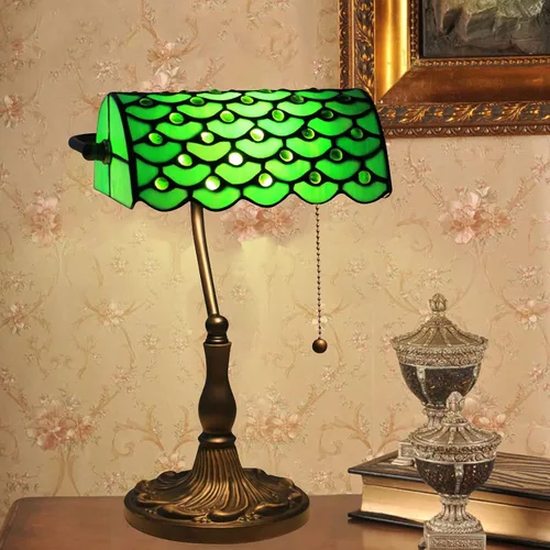 Vista 4 de Green Bankers - Lámpara de mesa vintage, luz de escritorio retro, lámpara de escritorio de oficina de vidrieras Tiffany, lámpara de cuentas