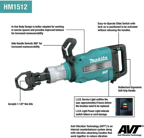 Vista 9 de Makita Martillo de demolición AVT de 45 lb HM1512, acepta brocas hexagonales de 1-1/8