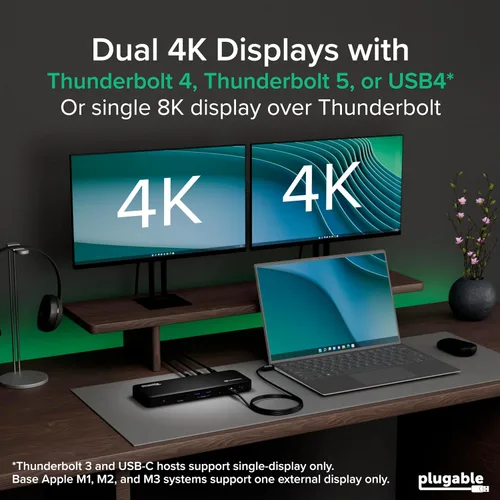 Vista 3 de Plugable Base de Conexión Thunderbolt 4 con Carga de 100W, Certificado Thunderbolt, Estación de Acoplamiento para Laptop con Monitor Dual Único 8K