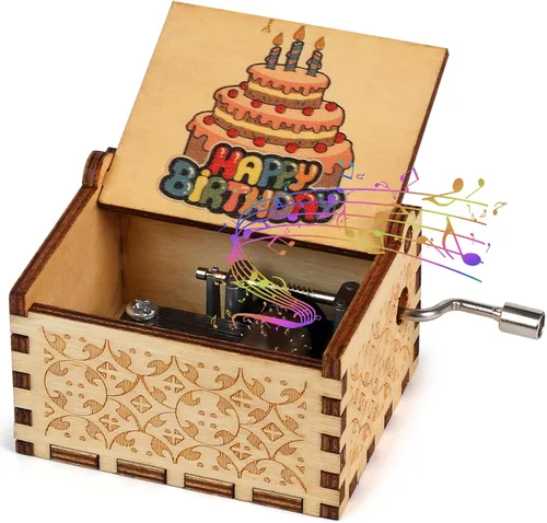 Vista 9 de Caja de música de feliz cumpleaños, con manivela grabada, cajas musicales de madera vintage, regalo para novio, novia, mamá, papá, niños, abuela