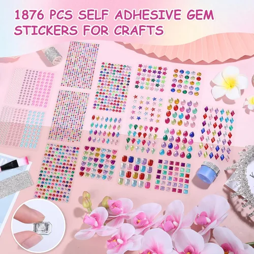 Vista 2 de Calcomanías de gemas, 1876 unidades, 12 formas, autoadhesivas, diamantes de imitación, multicolor, varios tamaños, 17 hojas de gemas brillantes