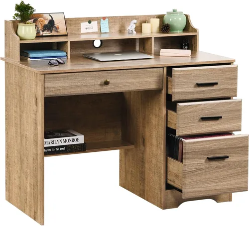 Vista 9 de Escritorio blanco para oficina en casa con 4 cajones y gabinete, mesa de computadora para dormitorio, blanco roto