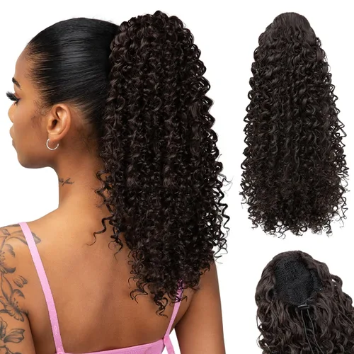 Vista 24 de Extensiones de cabello rizado con cordón para mujeres negras, 16 pulgadas de largo, sintético, afro, esponjoso, en capas, extensión de cola