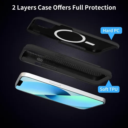 Vista 4 de Funda magnética para iPhone 13, color negro, compatible con MagSafe, protección resistente, a prueba de golpes, a prueba de caídas, de doble capa