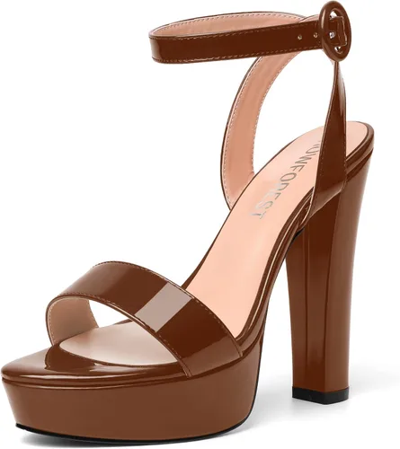 Vista 24 de SHOWFOREST Sandalias de tacón alto para mujer, con hebilla de plataforma y hebilla de charol y correa de tobillo de bloque sólido, 5 pulgadas Beige