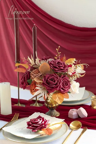 Vista 2 de Floroom Flores artificiales, 16 rosas de té híbridas de espuma de color burdeos de aspecto real de 3.5 pulgadas con tallos para bricolaje, ramos