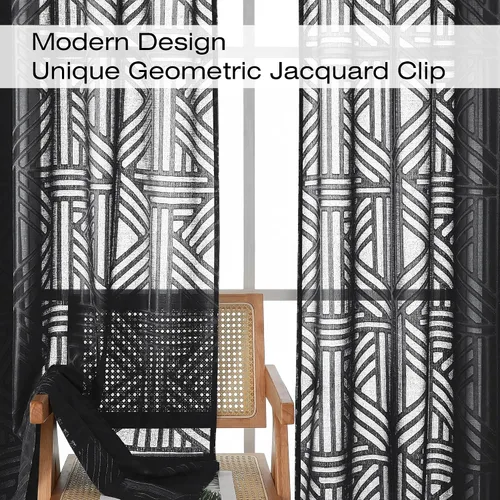 Vista 4 de Simplebrand Cortinas traslúcidas negras de cocina de 24 pulgadas de largo, 2 paneles, filtrado de luz, geométrico jacquard con textura, cortinas