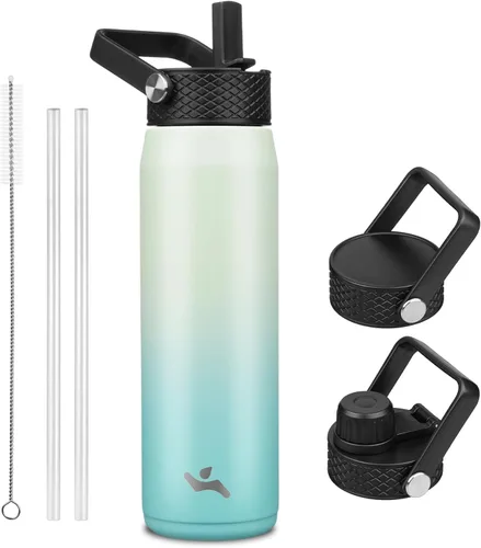 Vista 117 de Konokyo - Botella de agua aislada de 18 onzas, botellas deportivas de acero inoxidable con 3 tapas, verde militar