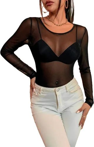 Vista 5 de Verdusa Body de malla transparente de manga larga con cuello redondo para mujer
