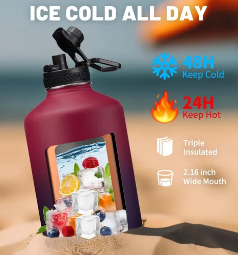 Vista 4 de Botella de agua aislada de 1 galón, con popote y tapa de pico automático, mango de paracord, funda para botella, botella de agua de acero inoxidable