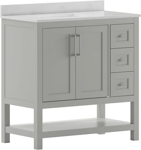 Vista 10 de Flash Furniture Vega - Tocador de baño con lavabo de 36 pulgadas, armario de almacenamiento con puertas de cierre suave, estante abierto y 3