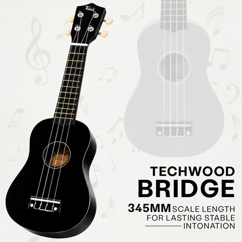 Vista 4 de Trendy Ukelele soprano de 21 pulgadas negro kit para principiantes bolsa de transporte afinador correa de cuerda cuadrada diapasón pegatinas ukelele