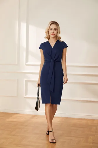 Vista 5 de GRACE KARIN Vestidos midi de verano para mujer, manga casquillo, cintura con lazo, vestido de trabajo con abertura en V y cuello en V, vestido
