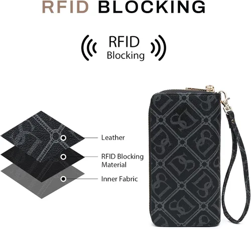 Vista 5 de Dasein Cartera con bloqueo RFID para mujer, bolsa de mano de gran capacidad, funda para teléfono con correa para la muñeca, Ds-negro, Cartera