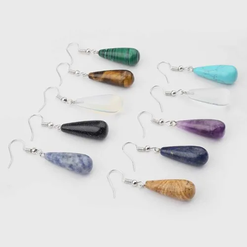 Vista 2 de 1 par de pendientes de gota de agua de piedra natural, amatistas, ópalo, ojo de tigre, turquesas, malaquita, pendientes de lágrima para mujer