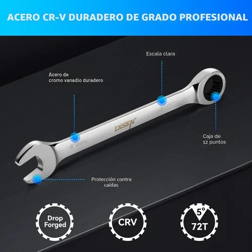 Vista 5 de DISEN Juego de 10 llaves de trinquete SAE y métricas con organizador de estante, acero CR-v premium, 12 puntos, 72 dientes, extremo de caja