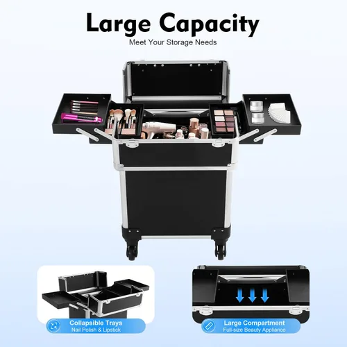Vista 3 de Estuche de maquillaje profesional, estuche de aluminio para cosméticos con ruedas silenciosas, 4 bandejas plegadas y varilla retráctil, capacidad