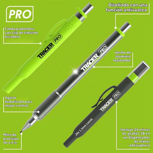 Vista 2 de Tracer Pro Series Lápiz de Precisión con 24 Minas de Repuesto de 1.3mm (0.051 in) y Fundas para Sitio - Kit de Marcado de Precisión de Aluminio