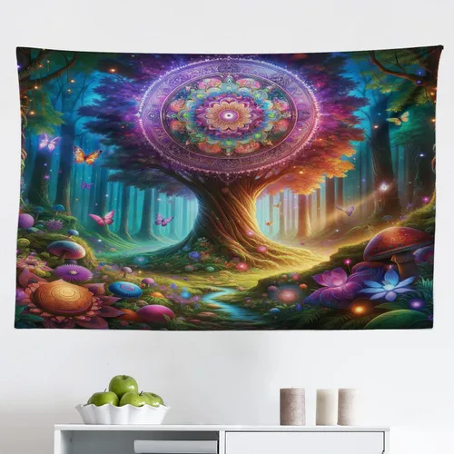 Vista 122 de Ambesonne Tapiz verde, fases lunares alrededor de un árbol de la vida, impresión de diseño bohemio de astrología nocturna, decoración de tela