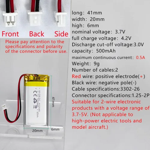 Vista 2 de DC 3.7V 500mAh 602040 Batería recargable de polímero de litio, adecuada para productos electrónicos de bricolaje 3.7-5V con reemplazo de batería