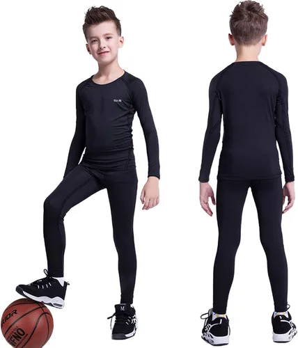 Vista 4 de TELALEO Camiseta de compresión térmica para niños y niñas, manga larga, forro polar, capa base, camiseta deportiva de fútbol