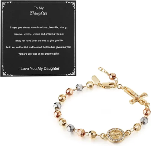 Vista 7 de HZMAN Pulsera de cruz con cuentas de rosario virgen de Guadalupe ajustable para mujer, regalo de joyería Cruz de Jesús y María
