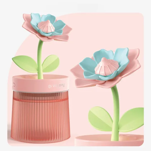 Vista 5 de Humidificador de niebla fría de 8.8 fl oz con linda flor, humidificador USB con luz, difusor de aceite esencial, difusor de aceite de aromaterapia