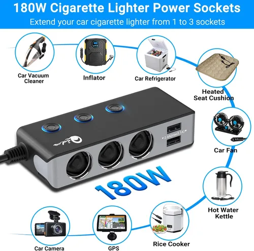 Vista 3 de Qidoe - Divisor de encendedor de cigarrillos de carga rápida 3.0, adaptador de encendedor de cigarrillos de 180 W con 4 USB de carga rápida, CC 12