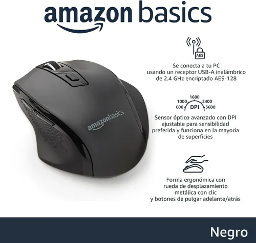Vista 2 de Amazon Basics Ratón inalámbrico para computadora, ergonómico, óptico de 2,4 GHz, DPI ajustable, compatible con PC, Mac, portátil, negro