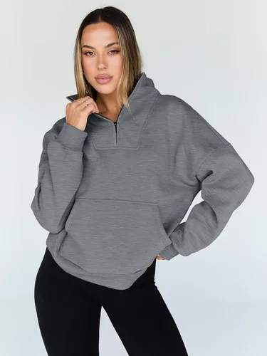 Vista 2 de Trendy Queen - Sudaderas con medio cierrey capucha de gran tamaño, comoda, extragrande, para otoño, Y2K, ropa de invierno, 2024
