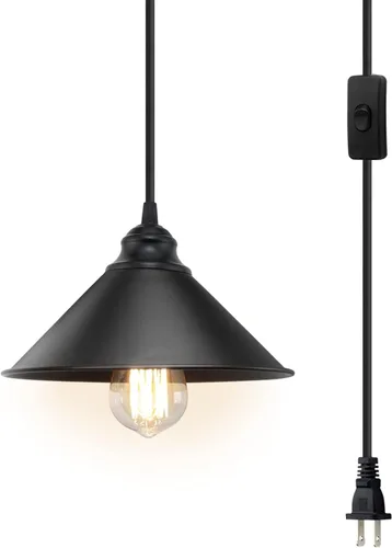 Vista 8 de Luz colgante grande con enchufe negro, luz colgante industrial con cable enchufable Hanging Lamps, Pendant Lamp, Vintage Pendant Light with Plug