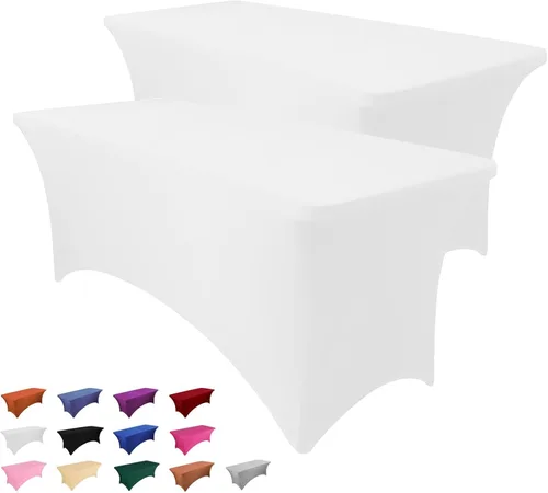 Vista 8 de Paquete de 2 manteles rectangulares de 4 pies para manteles rectangulares color gris azulado, elásticos, manteles de elastano para eventos
