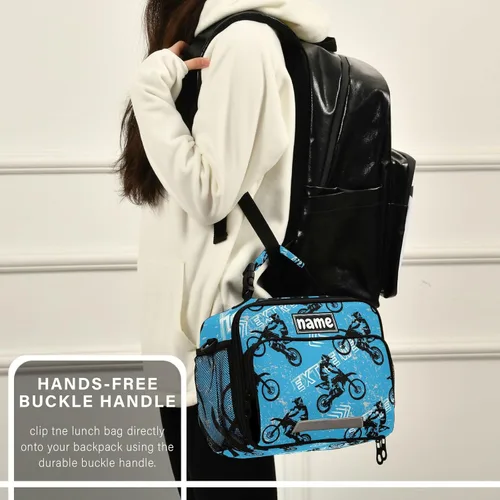 Vista 6 de Bolsa de almuerzo azul personalizada para vehículos deportivos de motocross, para niños, niñas, niños, bolsas de almuerzo personalizadas con tu