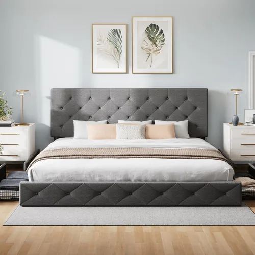 Vista 70 de WEEWAY Base de cama de plataforma tamaño King con 4 cajones de almacenamiento, cabecera capitonada con botones de costura de diamante, base de Negro